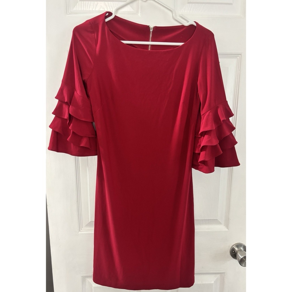 Danny and Nicole Short Red Dress Womens Sz 4 Tiered Bell Sleeve Shift Mini